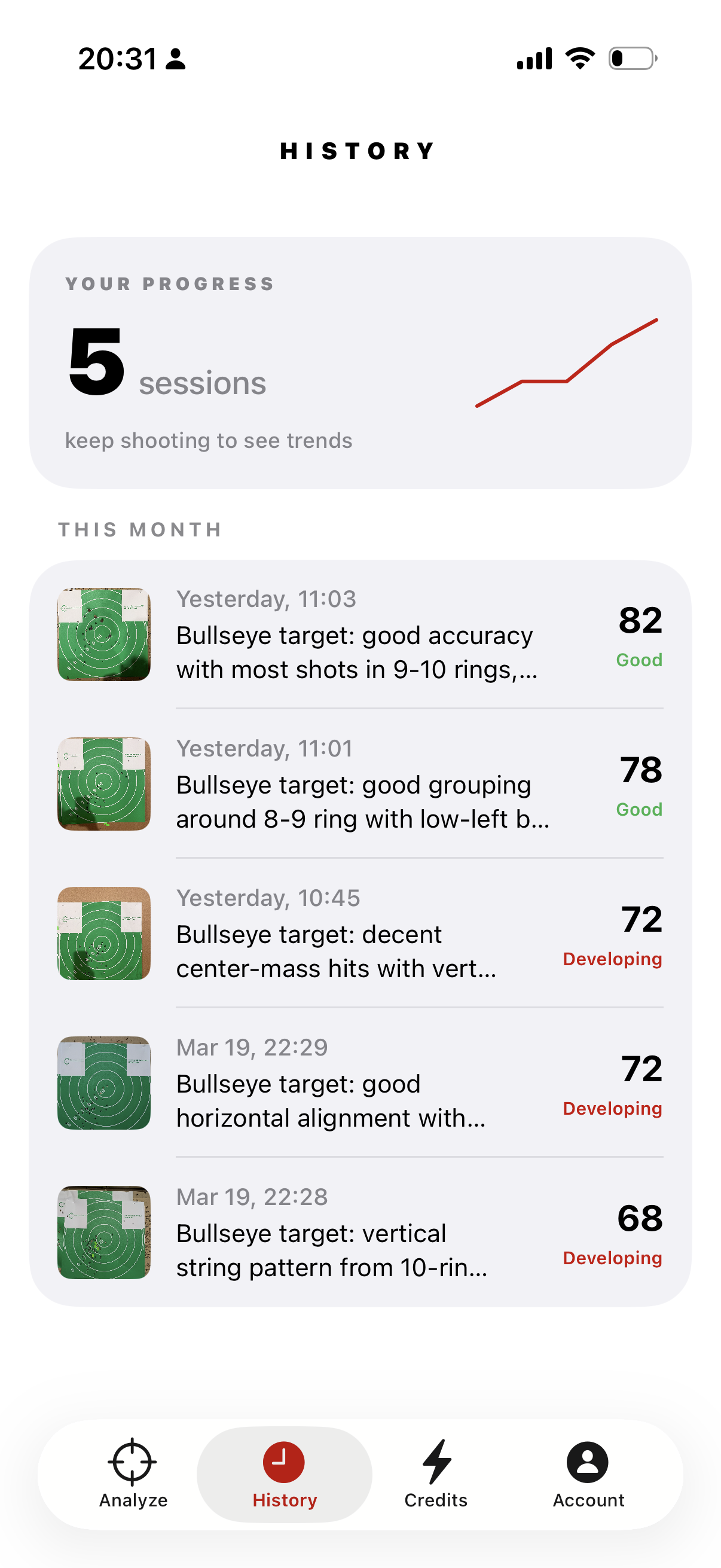 Shooting Coach app showing pistol shooting progress tracking and session history