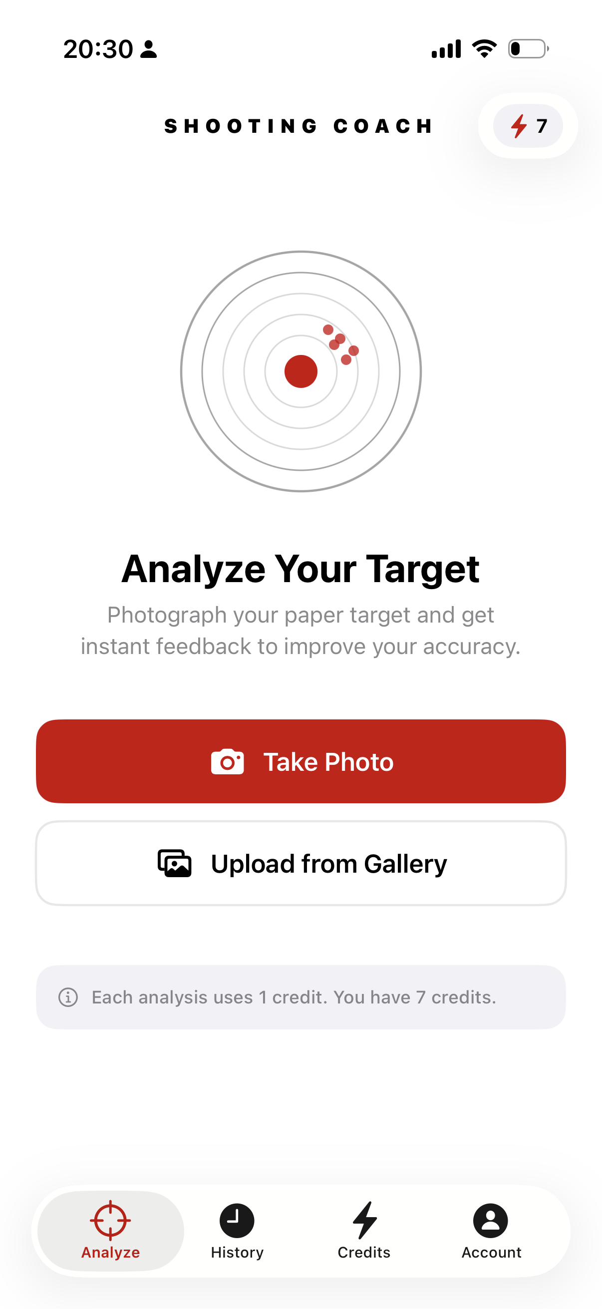 Shooting Coach app showing shooting target analysis with accuracy score and coaching tips
